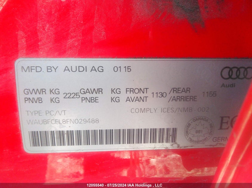 2015 Audi A4 VIN: WAUBFCFL8FN029488 Lot: 12055540
