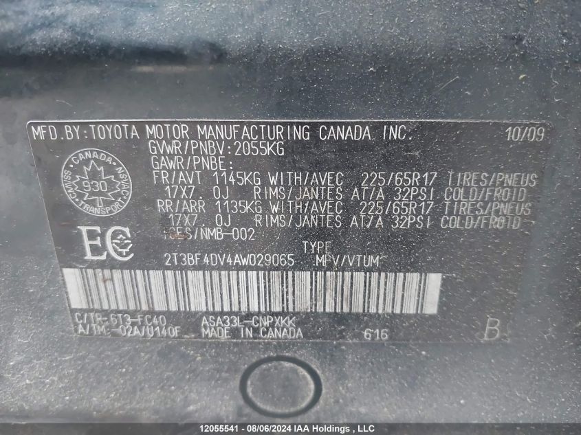 2010 Toyota Rav4 VIN: 2T3BF4DV4AW029065 Lot: 12055541