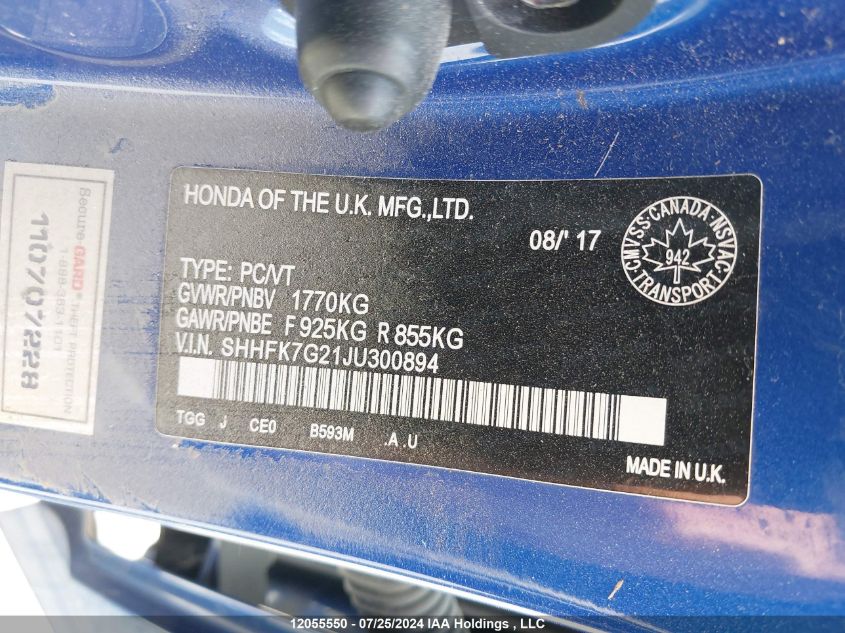 2018 Honda Civic Lx VIN: SHHFK7G21JU300894 Lot: 12055550