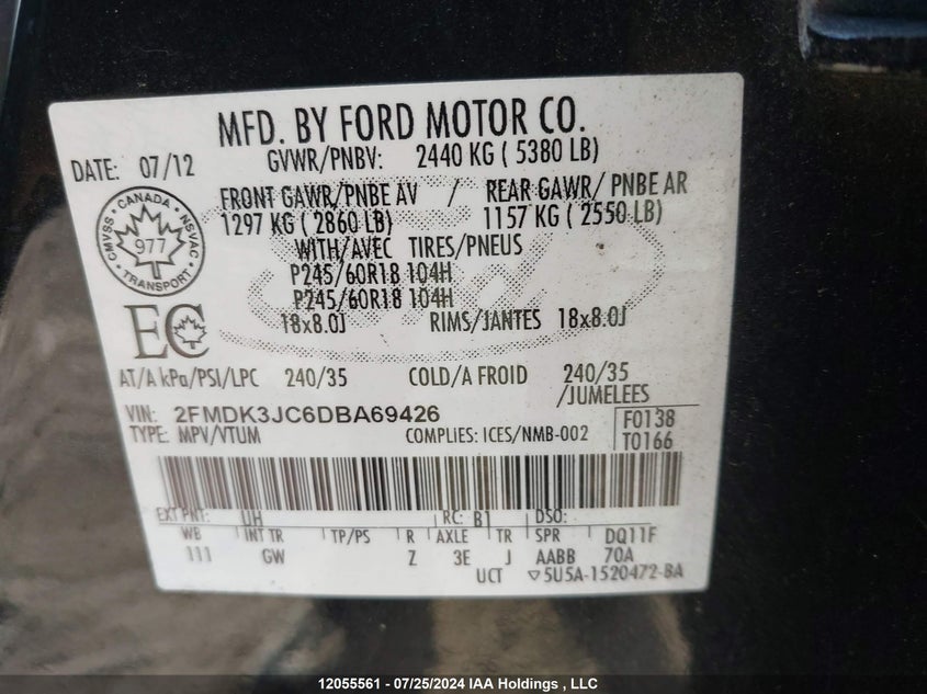 2013 Ford Edge Sel VIN: 2FMDK3JC6DBA69426 Lot: 12055561