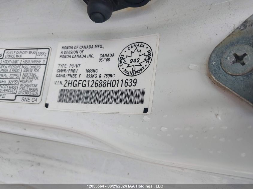2008 Honda Civic Cpe VIN: 2HGFG12688H011639 Lot: 12055564
