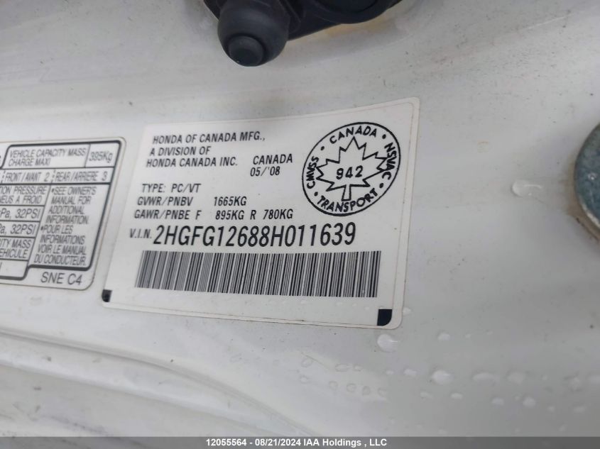 2008 Honda Civic Cpe VIN: 2HGFG12688H011639 Lot: 12055564