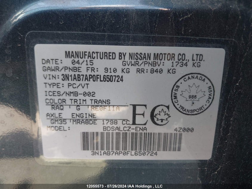 2015 Nissan Sentra S/Sv/Sr/Sl VIN: 3N1AB7AP0FL650724 Lot: 12055573