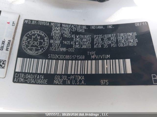 2011 Toyota Sienna VIN: 5TDZK3DC8BS171568 Lot: 12055577