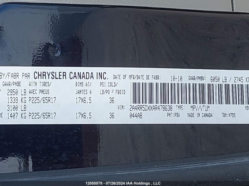 2010 Chrysler Town & Country Touring VIN: 2A4RR5DXXAR478638 Lot: 12055578