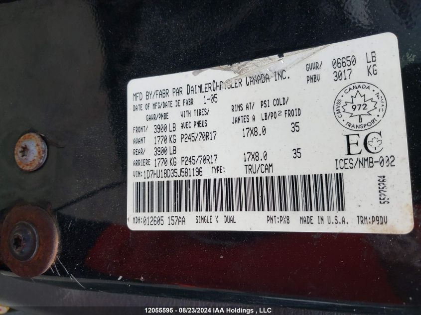 2005 Dodge Ram 1500 St VIN: 1D7HU18D35J581196 Lot: 12055595