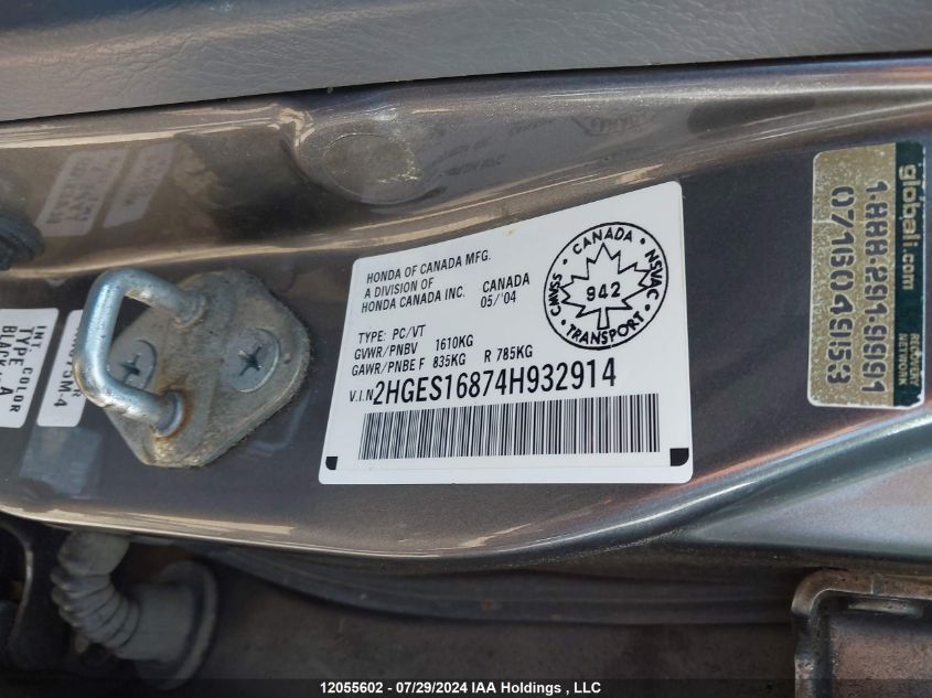 2004 Honda Civic Sdn VIN: 2HGES16874H932914 Lot: 12055602