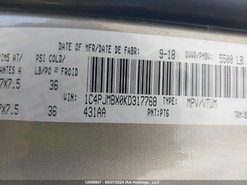 2019 Jeep Cherokee Trailhawk VIN: 1C4PJMBX0KD317768 Lot: 12055607