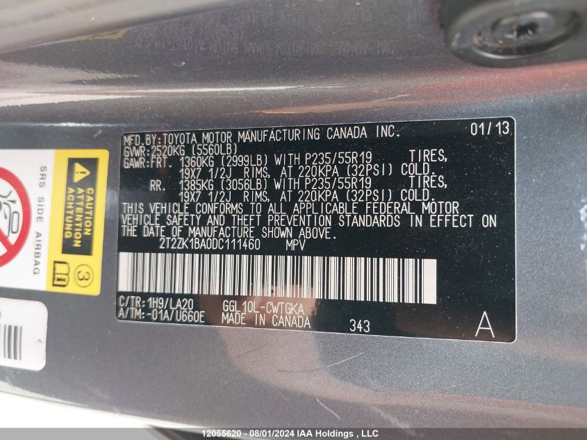 2013 Lexus Rx 350 VIN: 2T2ZK1BA0DC111460 Lot: 12055620