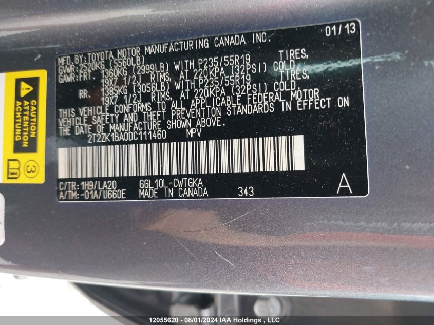 2013 Lexus Rx 350 VIN: 2T2ZK1BA0DC111460 Lot: 12055620