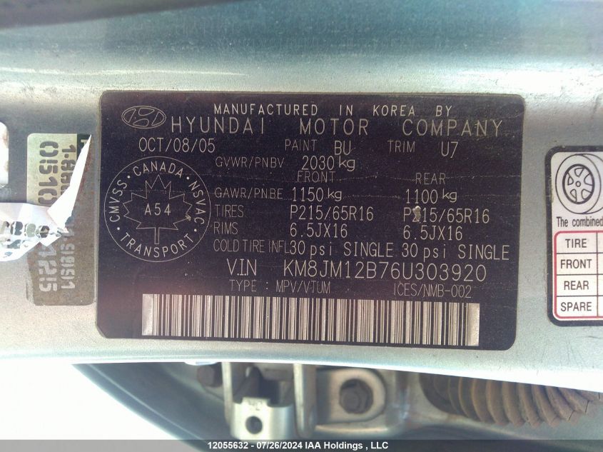 2006 Hyundai Tucson VIN: KM8JM12B76U303920 Lot: 12055632