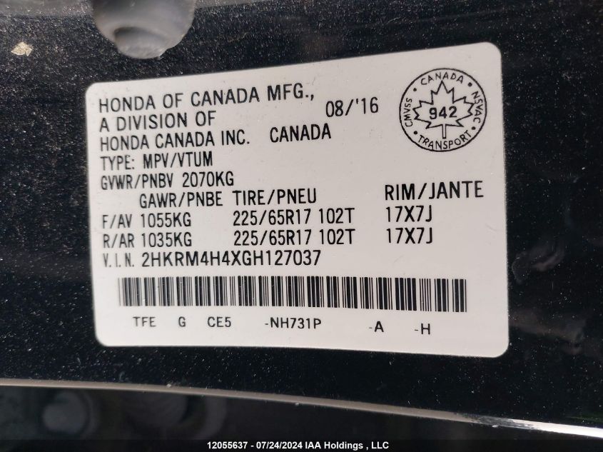 2016 Honda Cr-V VIN: 2HKRM4H4XGH127037 Lot: 12055637