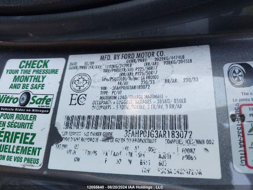 2010 Ford Fusion VIN: 3FAHP0JG3AR183072 Lot: 12055640