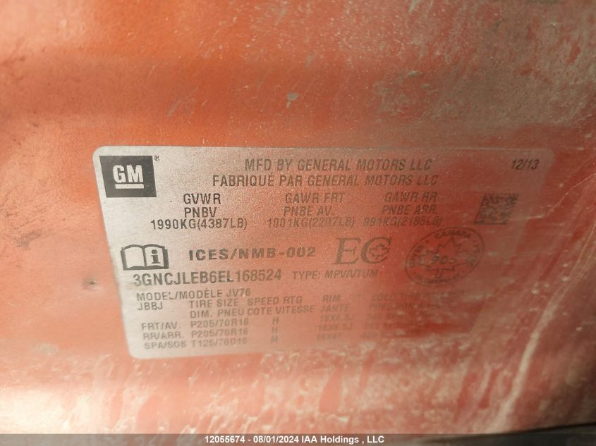 2014 Chevrolet Trax VIN: 3GNCJLEB6EL168524 Lot: 12055674