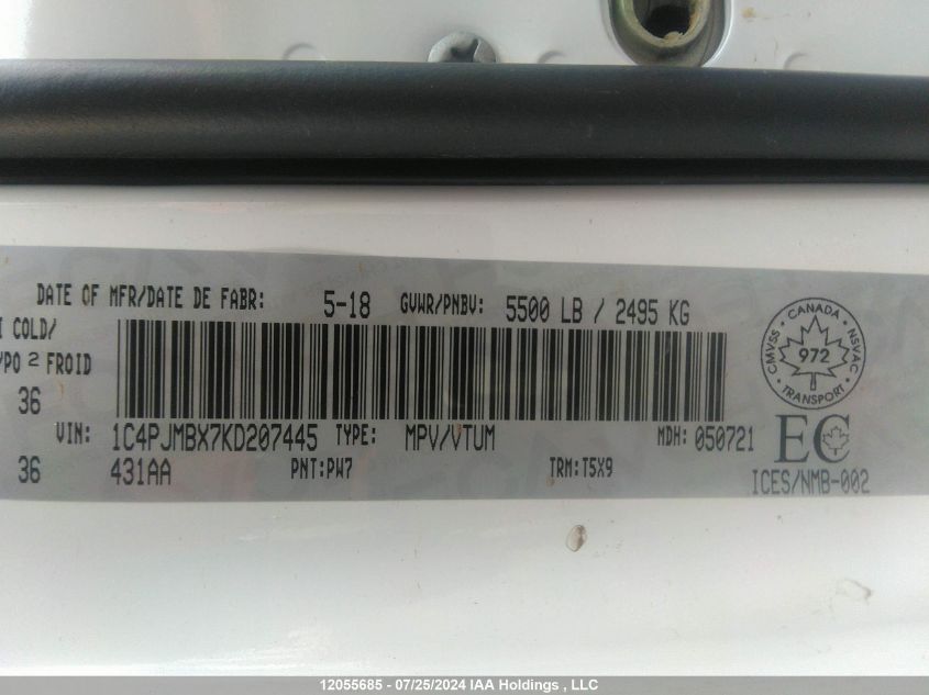 2019 Jeep Cherokee Trailhawk VIN: 1C4PJMBX7KD207445 Lot: 12055685