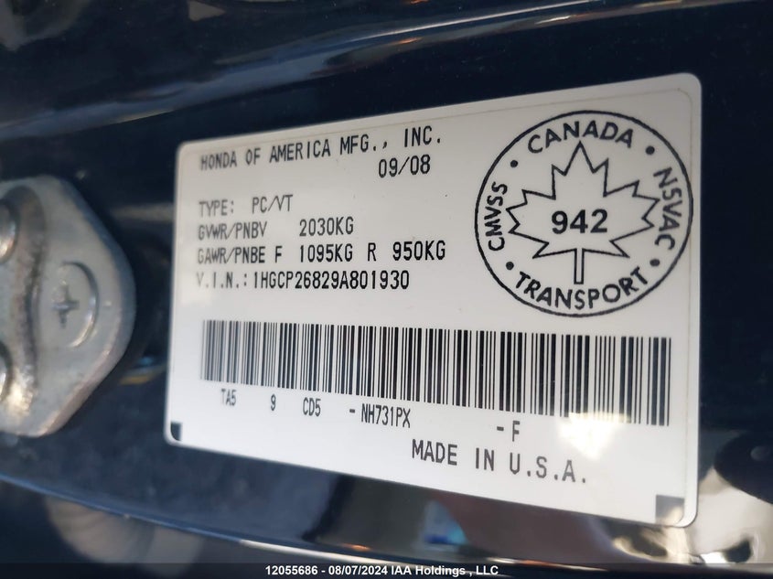 2009 Honda Accord Sedan VIN: 1HGCP26829A801930 Lot: 12055686