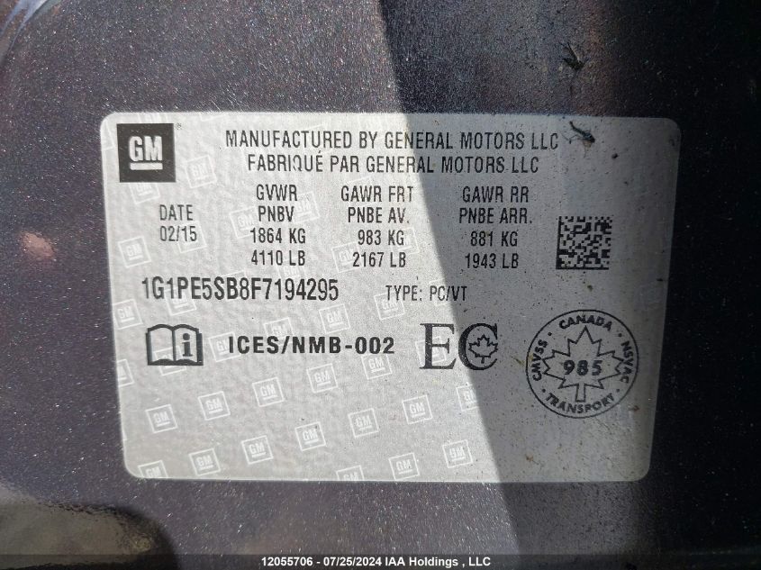 2015 Chevrolet Cruze VIN: 1G1PE5SB8F7194295 Lot: 12055706