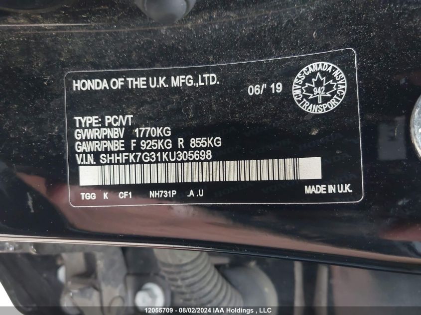 2019 Honda Civic Lx VIN: SHHFK7G31KU305698 Lot: 12055709