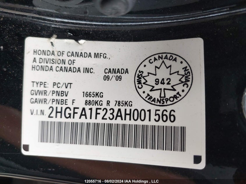 2010 Honda Civic Sdn VIN: 2HGFA1F23AH001566 Lot: 12055716