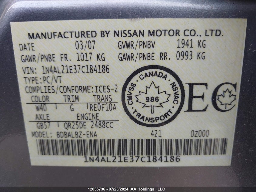 2007 Nissan Altima 2.5/2.5S VIN: 1N4AL21E37C184186 Lot: 12055736