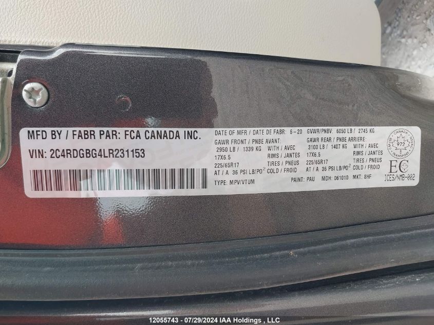 2020 Dodge Grand Caravan Se VIN: 2C4RDGBG4LR231153 Lot: 12055743