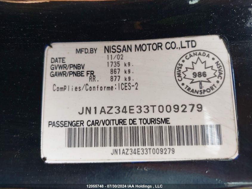 2003 Nissan 350Z VIN: JN1AZ34E33T009279 Lot: 12055748