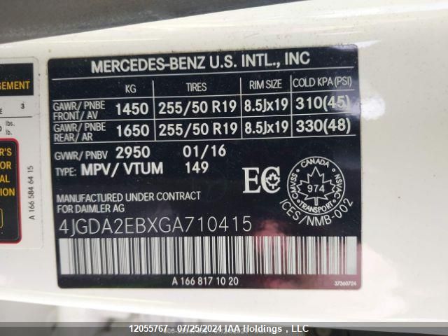 2016 Mercedes-Benz Gle-Class VIN: 4JGDA2EBXGA710415 Lot: 12055767