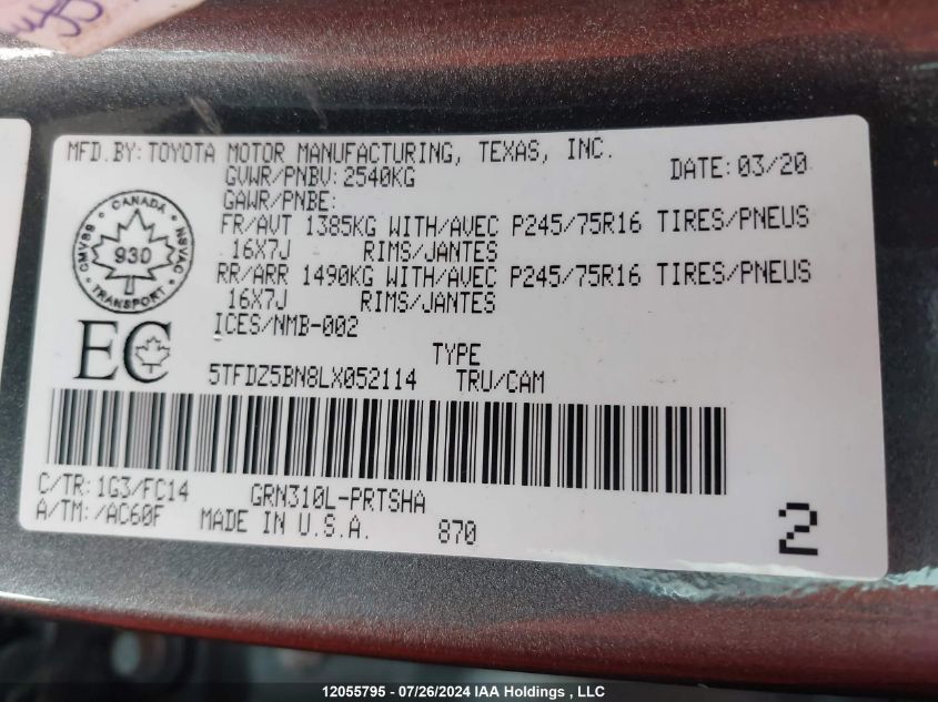 2020 Toyota Tacoma VIN: 5TFDZ5BN8LX052114 Lot: 12055795