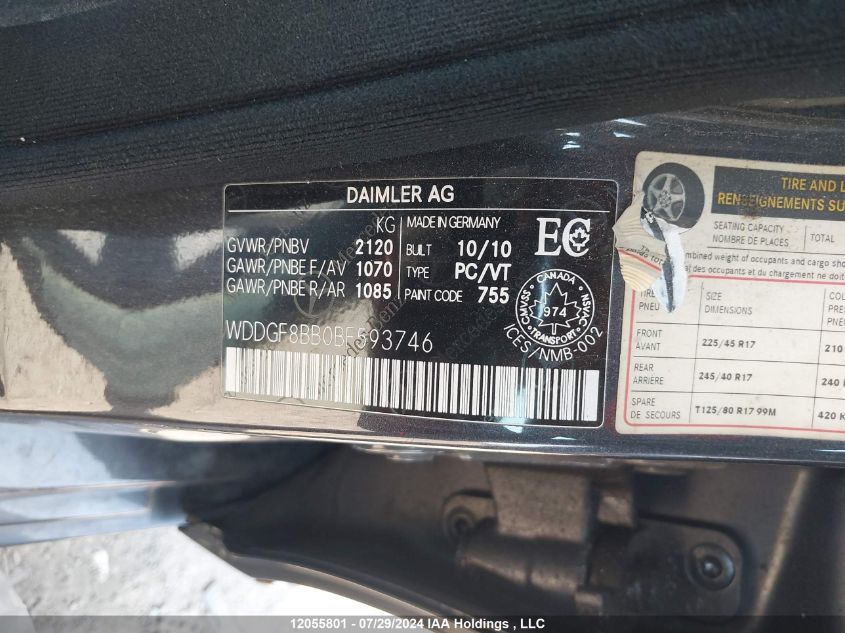 2011 Mercedes-Benz C-Class VIN: WDDGF8BB0BF593746 Lot: 12055801