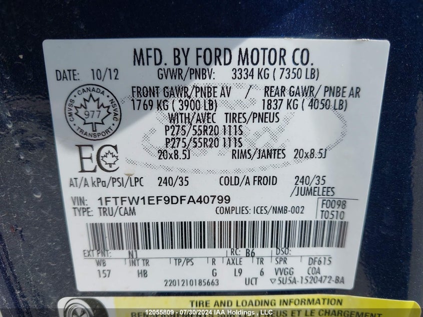 2013 Ford F-150 Lariat VIN: 1FTFW1EF9DFA40799 Lot: 12055809