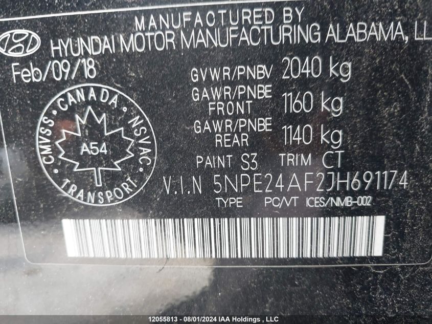 2018 Hyundai Sonata VIN: 5NPE24AF2JH691174 Lot: 12055813