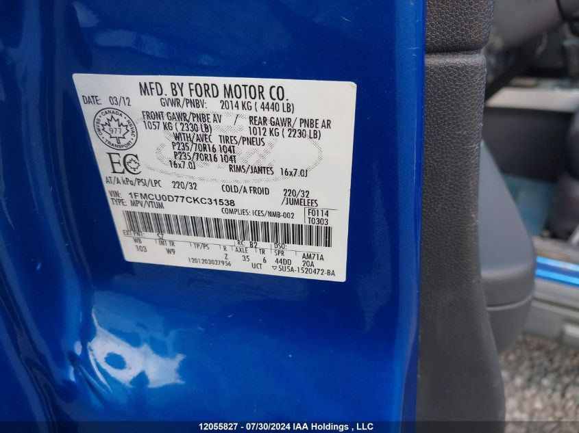 2012 Ford Escape VIN: 1FMCU0D77CKC31538 Lot: 12055827