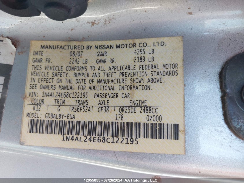 2008 Nissan Altima 2.5S VIN: 1N4AL24E68C122195 Lot: 12055855