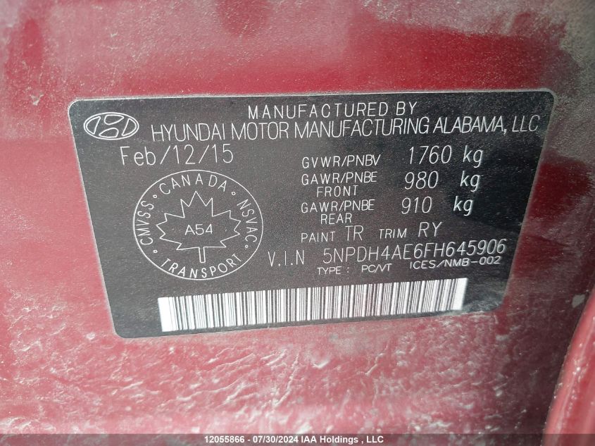 2015 Hyundai Elantra VIN: 5NPDH4AE6FH645906 Lot: 12055866