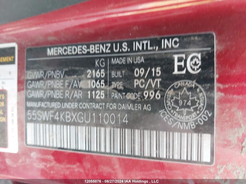 2016 Mercedes-Benz C-Class VIN: 55SWF4KBXGU110014 Lot: 12055876