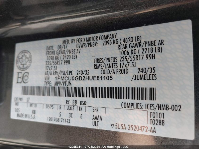 2017 Ford Escape Se VIN: 1FMCU0GD2HUE81105 Lot: 12055941