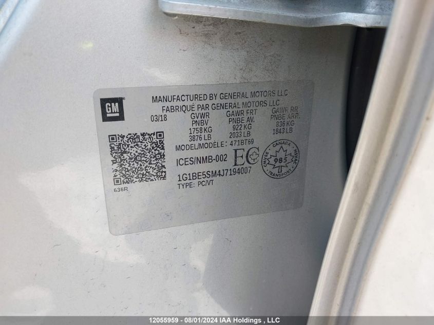 2018 Chevrolet Cruze VIN: 1G1BE5SM4J7194007 Lot: 12055959