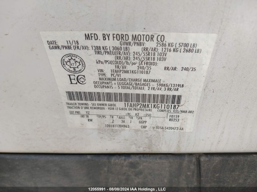 2019 Ford Police Interceptor VIN: 1FAHP2MK1KG110187 Lot: 12055991