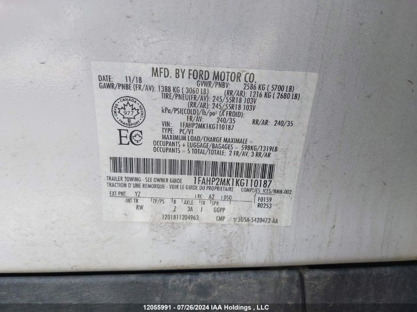 2019 Ford Police Interceptor VIN: 1FAHP2MK1KG110187 Lot: 12055991