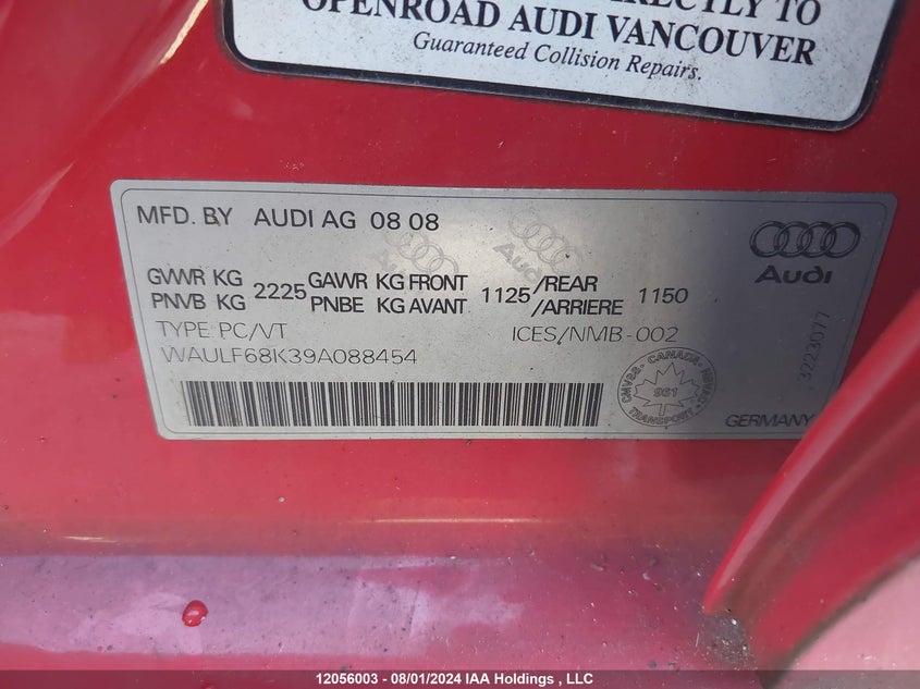 2009 Audi A4 VIN: WAULF68K39A088454 Lot: 12056003