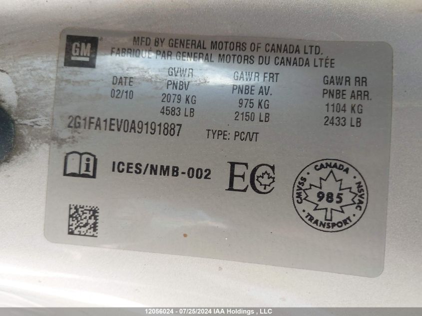 2010 Chevrolet Camaro Ls VIN: 2G1FA1EV0A9191887 Lot: 12056024