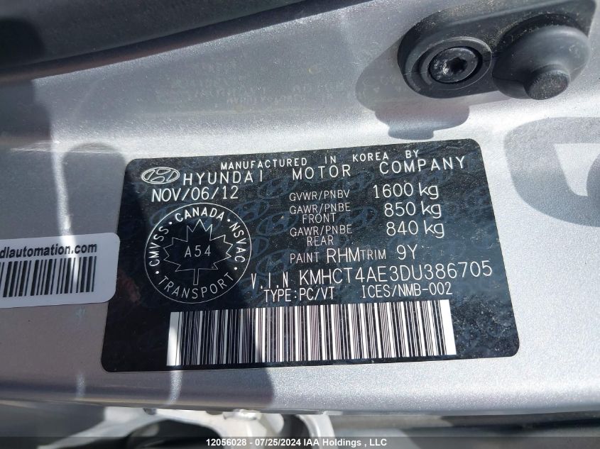 2013 Hyundai Accent Gl VIN: KMHCT4AE3DU386705 Lot: 12056028