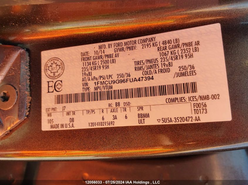 2015 Ford Escape Se VIN: 1FMCU9G96FUA47394 Lot: 12056033