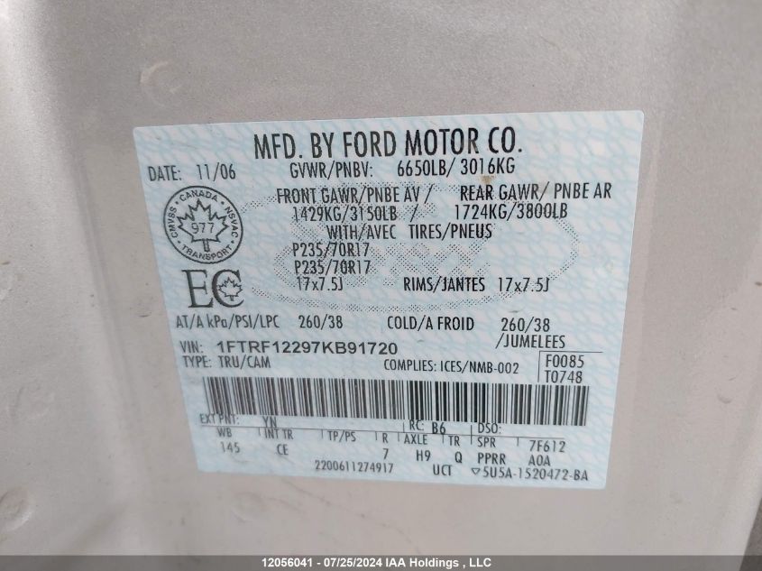 2007 Ford F-150 VIN: 1FTRF12297KB91720 Lot: 12056041