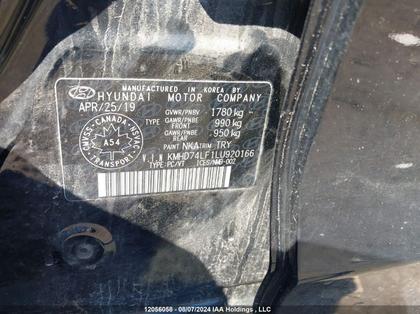 2020 Hyundai Elantra VIN: KMHD74LF1LU920166 Lot: 12056058