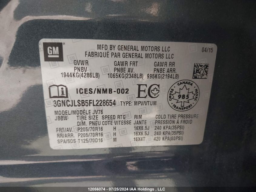 2015 Chevrolet Trax 1Lt VIN: 3GNCJLSB5FL228654 Lot: 12056074