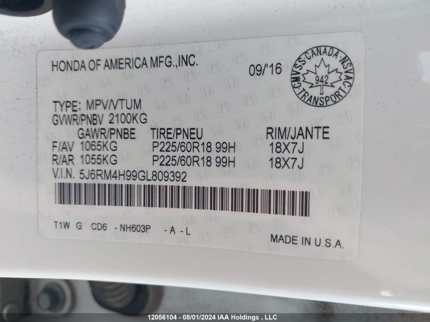 2016 Honda Cr-V VIN: 5J6RM4H99GL809392 Lot: 12056104