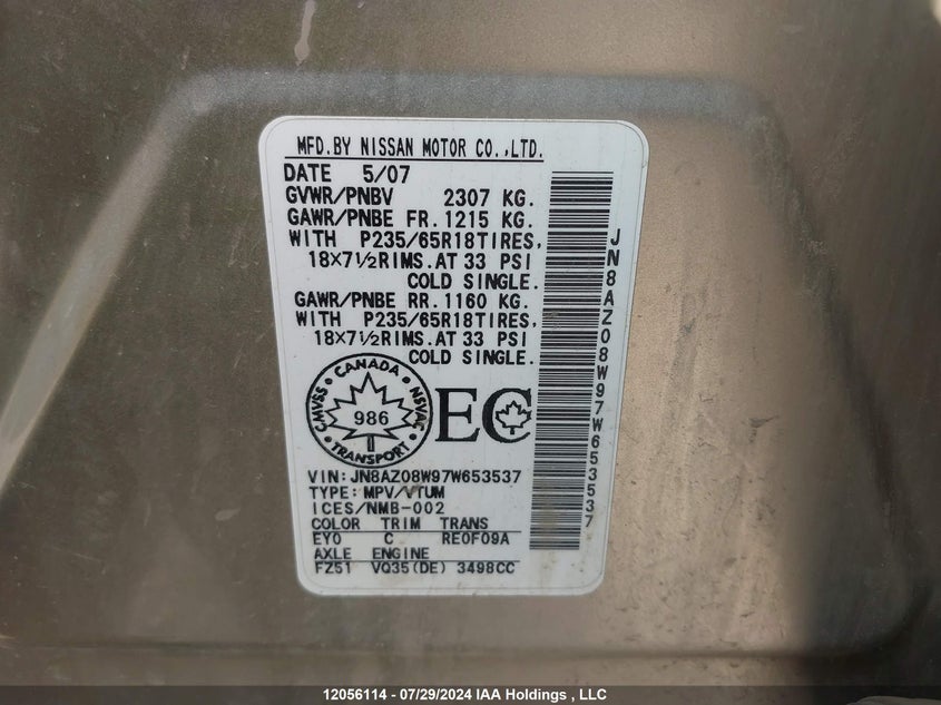 2007 Nissan Murano Sl VIN: JN8AZ08W97W653537 Lot: 12056114