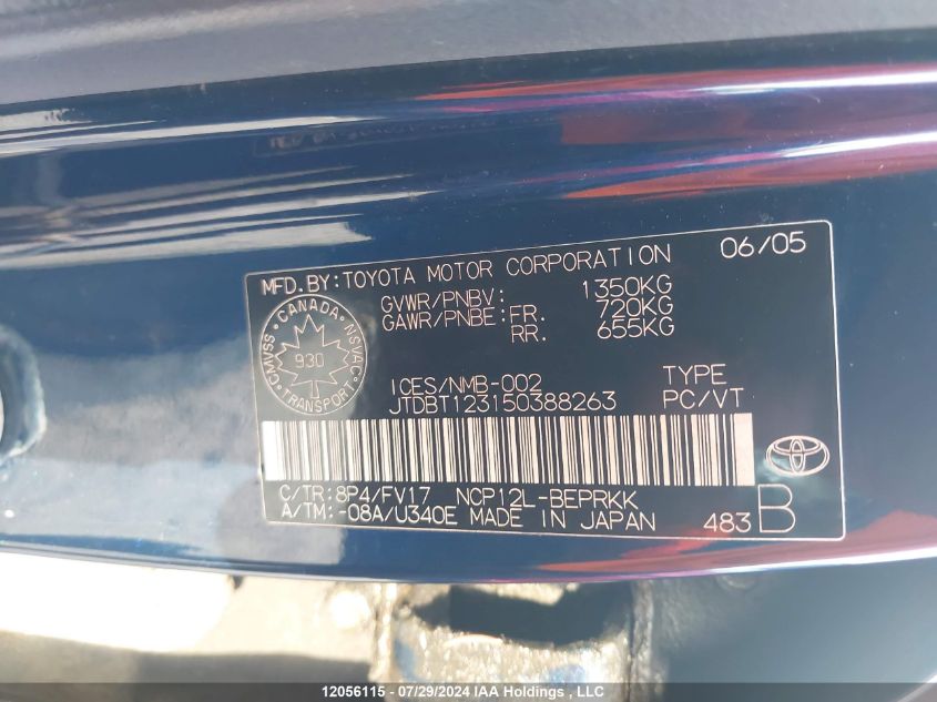 2005 Toyota Echo VIN: JTDBT123150388263 Lot: 12056115