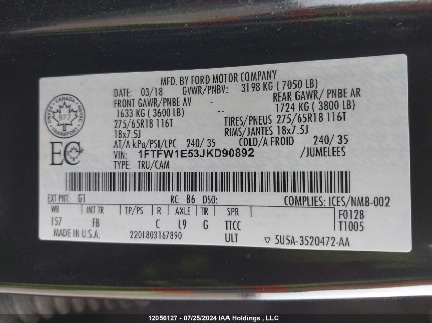 2018 Ford F-150 Xlt VIN: 1FTFW1E53JKD90892 Lot: 12056127